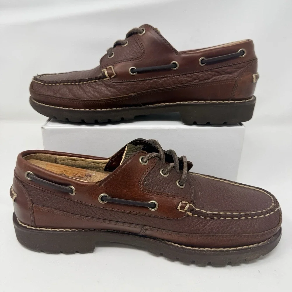 L.L. Bean Allagash Bison Leather Boat Shoes Brown Handsewn Mens 8.5 D 244472